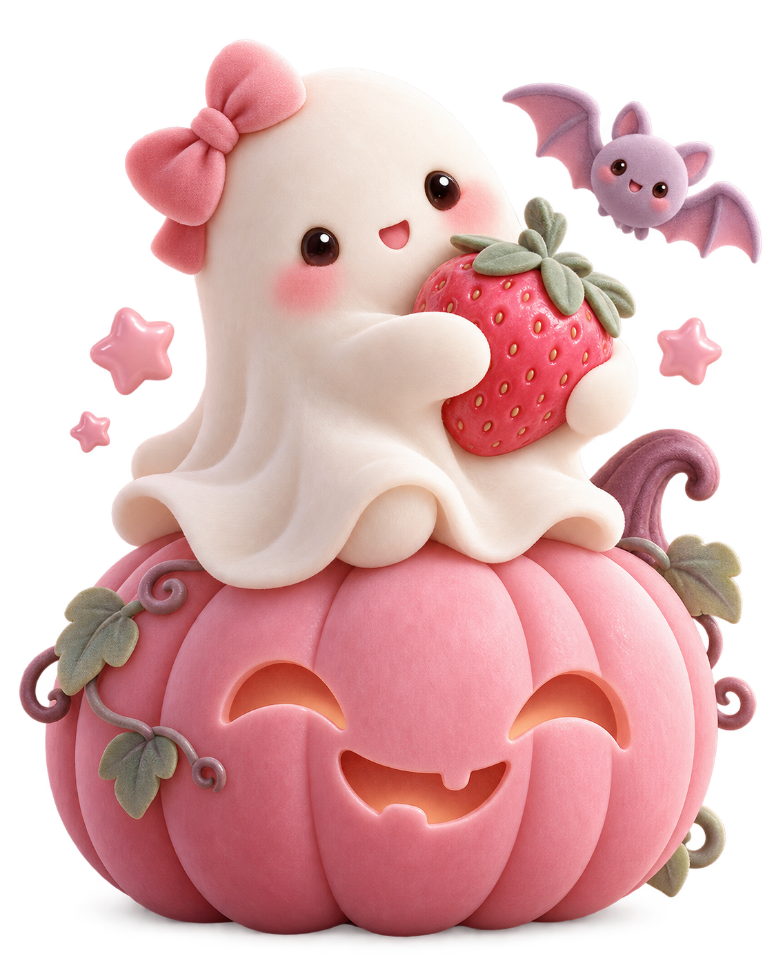 Nuestro fantasmita Berry Boo abraza una fresa sobre una calabaza rosa